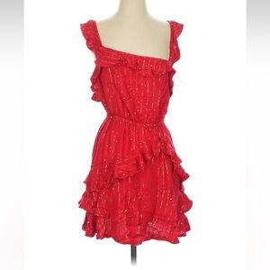 Sundress womans boho metallic Red Ruffled Mini Dress size S